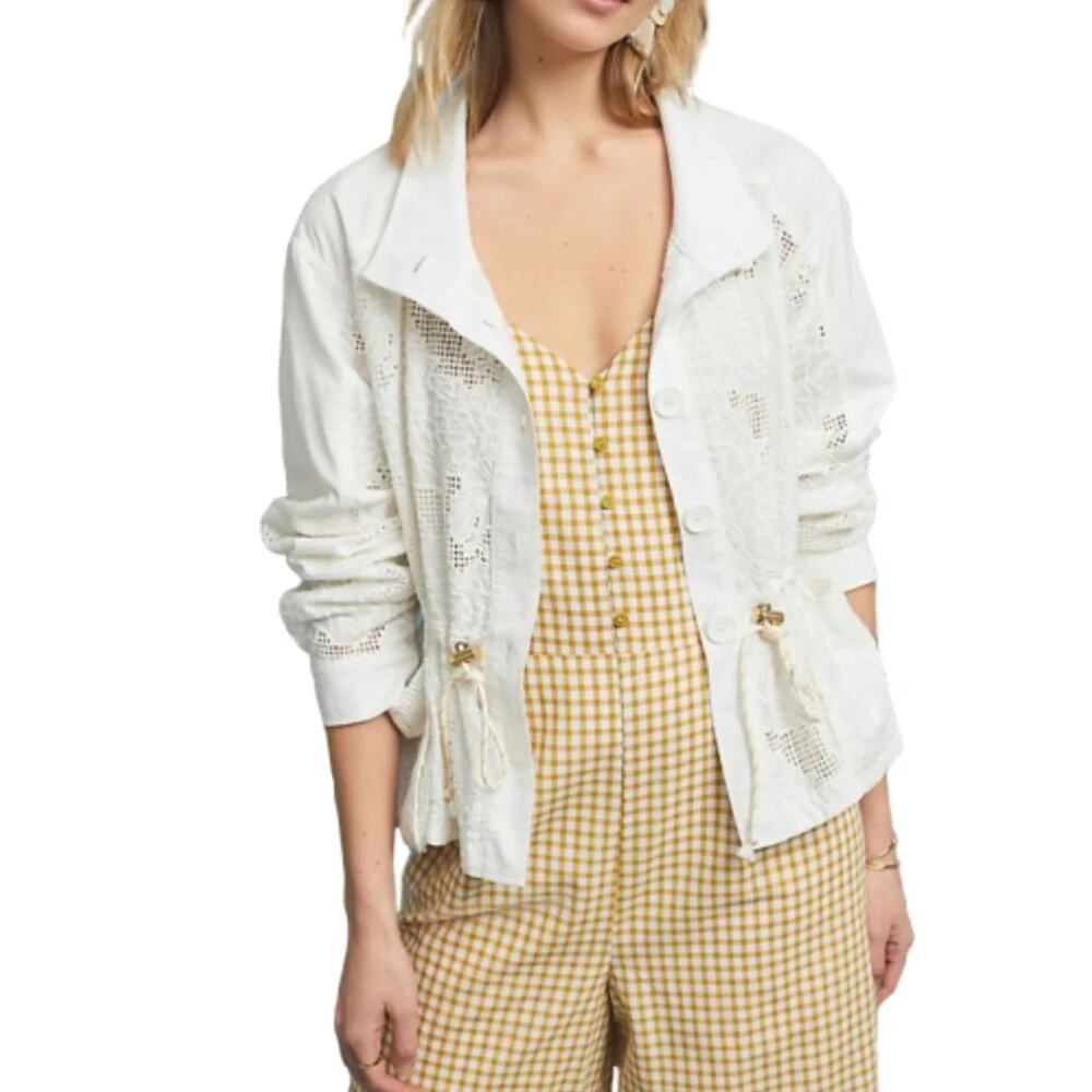 Anthropologie White Cotton Anorak Jacket Floral Eyelet Drawstring XS